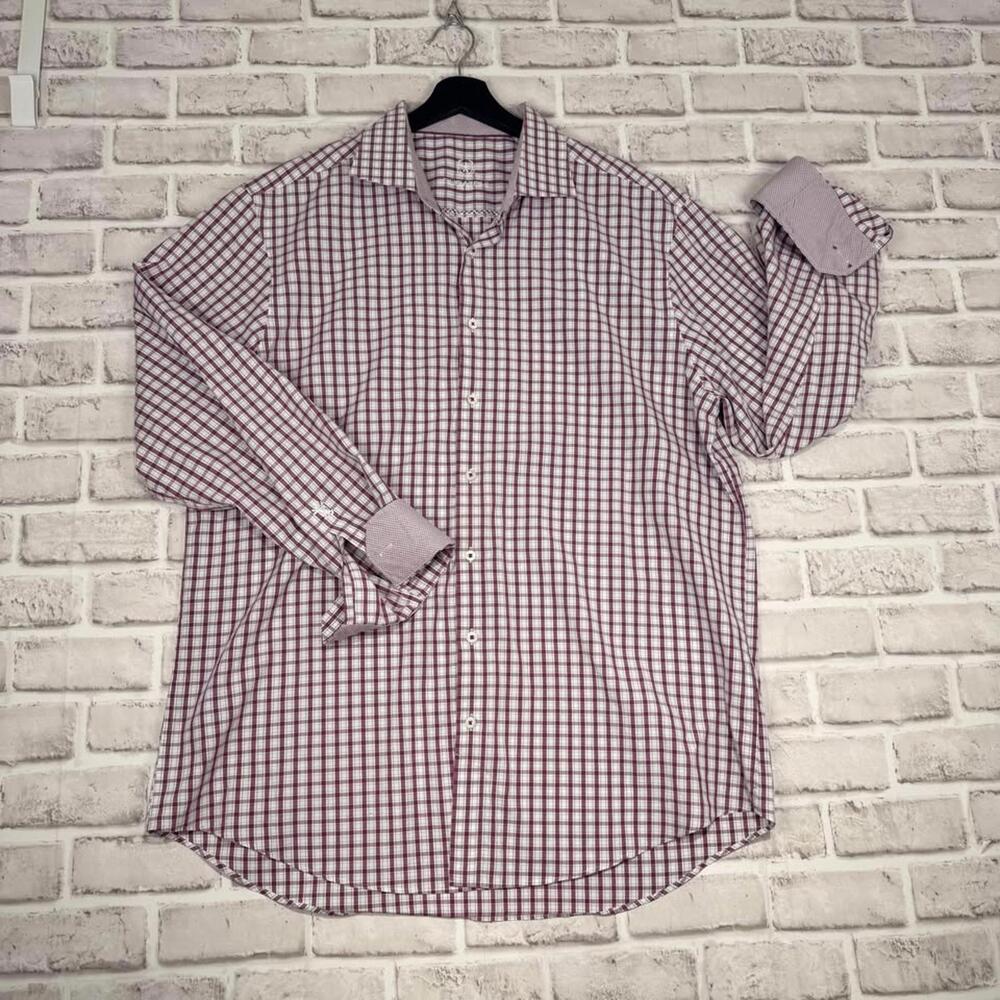 Bugatchi Plaid Button Down Shirt Flip Cuffs Men's‎ Size 18 36/37 XL Dress Shirt